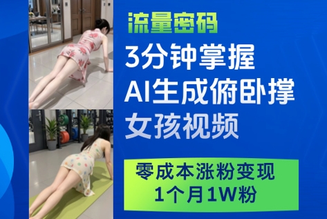3分钟掌握AI生成俯卧撑女孩视频，零成本涨粉变现，1个月1W粉-翻身站