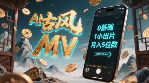AI一键生成古风音乐MV，0剪辑基础1小时出片，多种变现渠道，一部手机月入5位数-翻身站