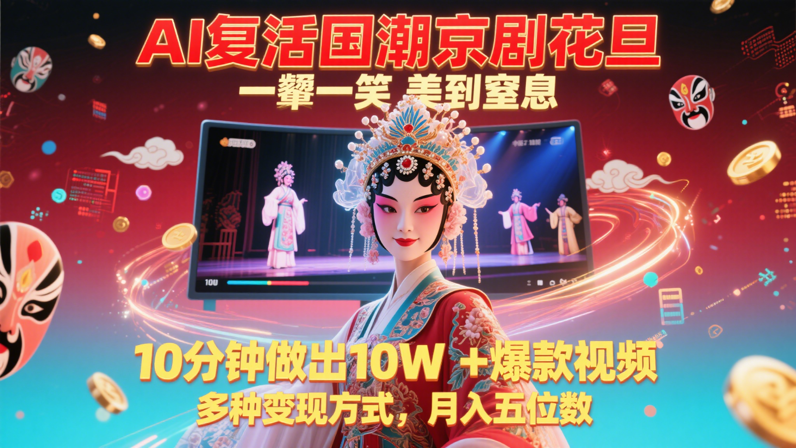 AI复活国潮京剧花旦，一颦一笑美到窒息，10分钟做出10W+爆款视频，多种变现方式-翻身站
