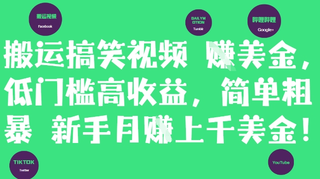 搬运搞笑视频挣美金，低门槛高收益，简单粗暴新手月入上千美刀-翻身站