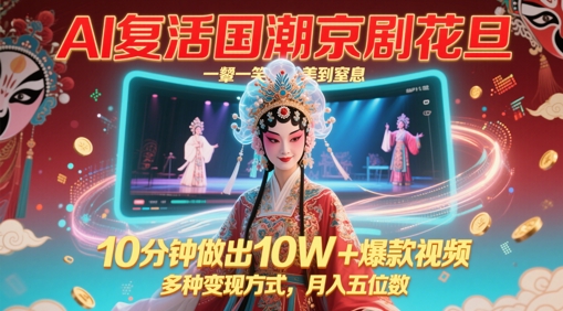 AI复活国潮京剧花旦，一颦一笑美到窒息，10分钟做出10W+爆款视频，多种变现方式，月入五位数-翻身站