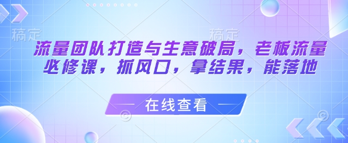流量团队打造与生意破局，老板流量必修课，抓风口，拿结果，能落地-翻身站