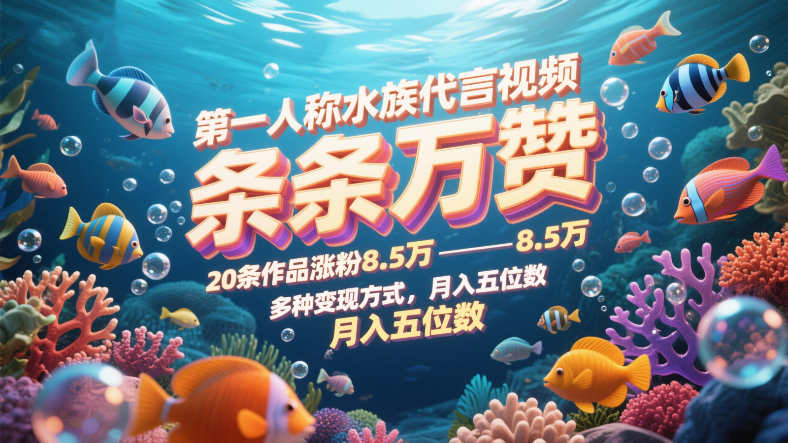 第一人称水族代言视频，条条万赞，20条作品涨粉8.5万，多种变现方式月，入五位数-翻身站