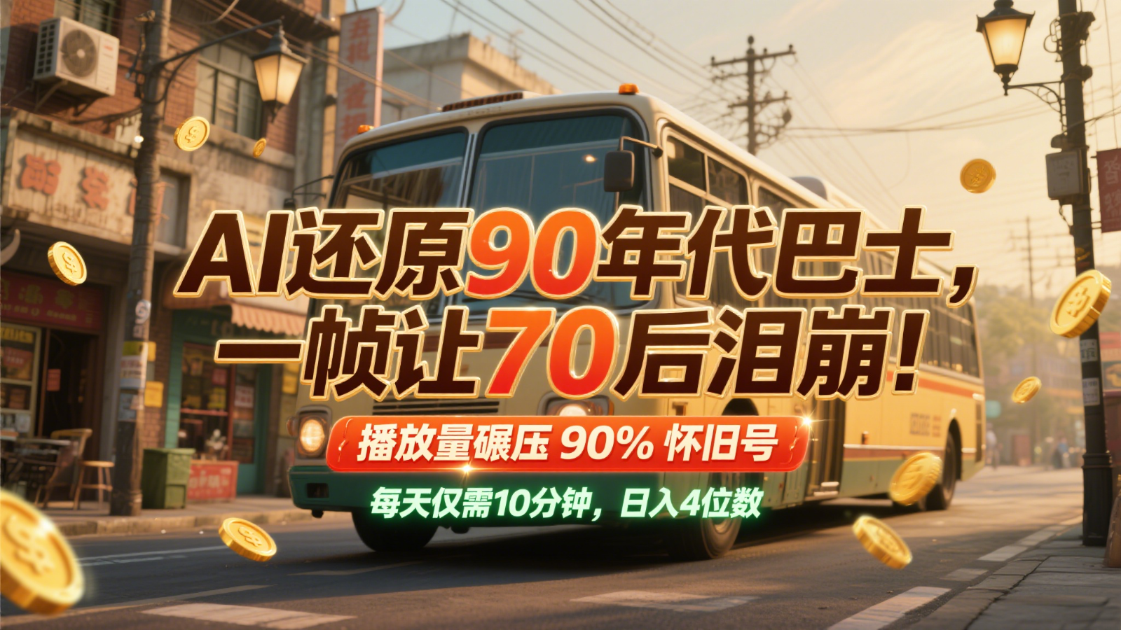 AI还原90年代巴士，一帧让70后泪崩！播放量碾压90%怀旧号，每天10分钟，日入4位数-翻身站