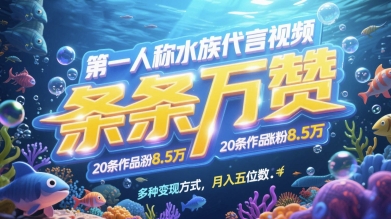 第一人称水族代言视频，条条万赞，20条作品涨粉7.8W，多种变现方式月入五位数-翻身站