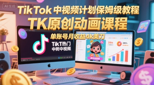 TikTok中视频计划保姆级教程，TK原创动画课程，单账号月收益4k美刀-翻身站