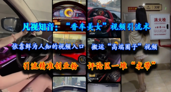 凡视知音：“香车美女”视频引流术，依靠鲜为人知的视频入口，搬运“高端圈子”视频，引流精准创业粉，评论区一堆“求带”-翻身站