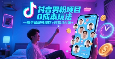 抖音男粉项目0成本玩法，一部手机即可操作，日均4张+，时间自由-翻身站
