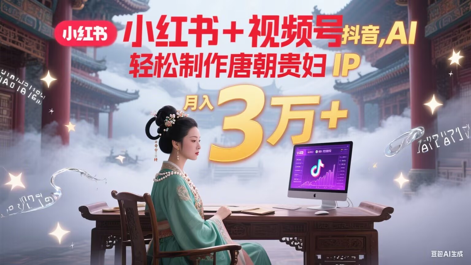 小红书+视频号+抖音，AI轻松制作唐朝贵妇IP，毒鸡汤、励志、减肥瘦身、养生赛道轻松切入，每天30分钟，轻松产出N条，月入3万+-翻身站