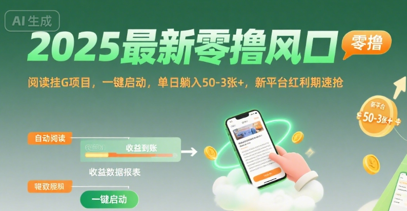 2025最新零撸风口，阅读挂G项目，一键启动，单日躺入 50-3张+，新平台红利期速抢【揭秘】-翻身站