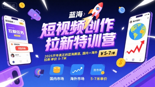 短视频创作拉新特训营，2025开年真正的蓝海赛道，国内+海外，拉新单价5-7米-翻身站