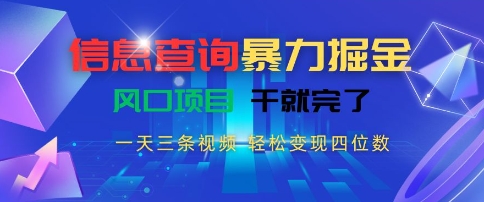 信息查询暴力掘金，一天三条视频，轻松变现四位数，风口项目干就完了【揭秘】-翻身站