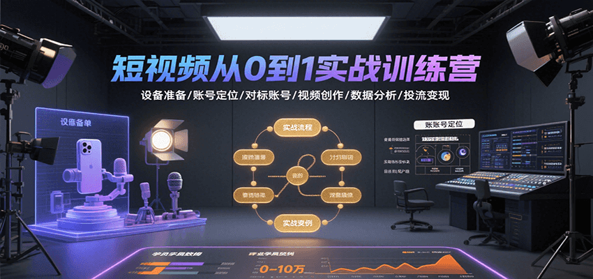 短视频从0到1实战训练营：设备准备/账号定位/对标账号/视频创作/数据分析/投流变现-翻身站