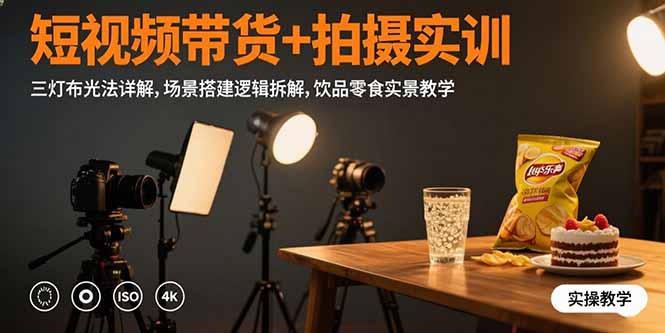 短视频带货+拍摄实训：三灯布光法详解,场景搭建逻辑拆解,饮品零食实景教学-翻身站