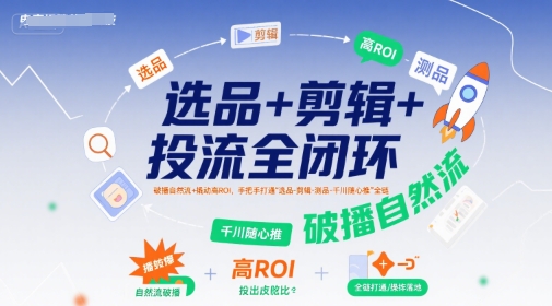 选品+剪辑+投流全闭环，破播自然流+撬动高ROI，手把手打通“选品-剪辑-测品-千川随心推”全链-翻身站