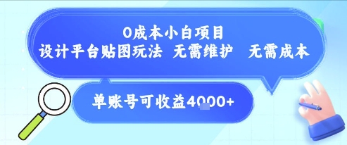 0成本小白项目，设计平台贴图玩法，无需维护，无需成本，单账号单月可产生收益4k+-翻身站
