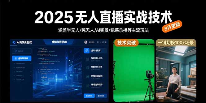 2025无人直播实战技术-8月，涵盖半无人/纯无人/AI实景/绿幕录播等主流玩法-翻身站