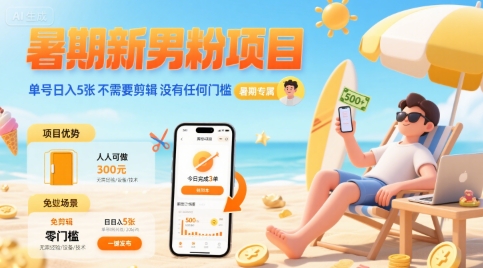 暑期新男粉项目 单号日入5张 不需要剪辑  没有任何门槛-翻身站