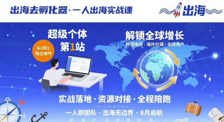 出海去孵化器，一人出海实战课，​超级个体第1站，解锁全球增长-翻身站