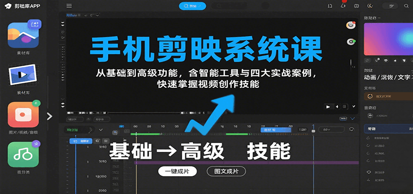 手机剪映系统课，从基础到高级功能，含智能工具与四大实战案例，快速掌握视频创作技能-翻身站