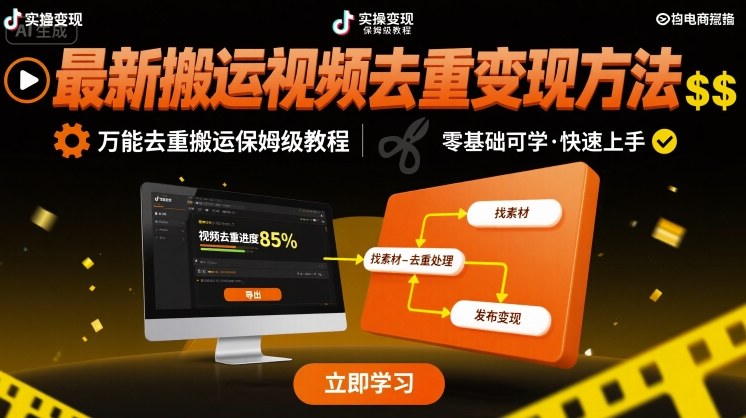 最新搬运视频去重变现方法，万能去重搬运保姆级教程-翻身站