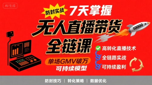 无人直播带货全链防封实战课，7天掌握高转化直播技术，实现单场GMV破万可持续模型-翻身站