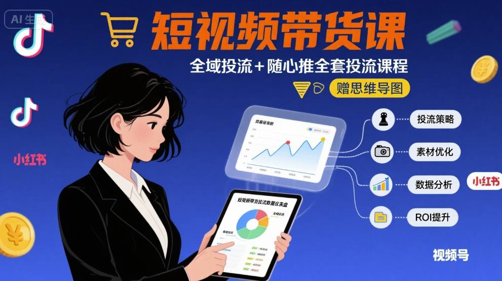 最新短视频带货课，全域投流+随心推全套投流课程+思维导图-翻身站