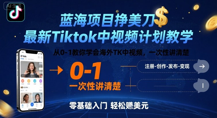 蓝海项目挣美刀，最新Tiktok中视频计划教学，从0-1教你学会海外TK中视频，一次性讲清楚-翻身站