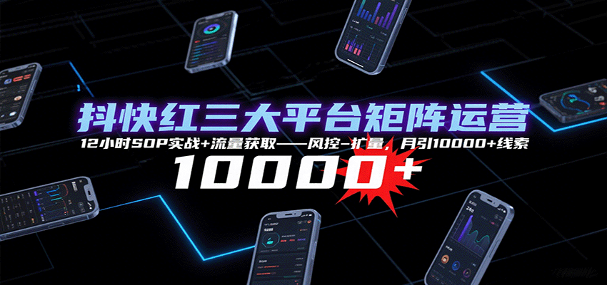 抖快红三大平台矩阵运营，12小时SOP实战+流量获取-风控-扩量，月引10000+线索-翻身站