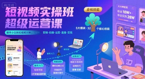 短视频实操班超级运营课，新手小白到短视频大神必修课程，剪辑-拍摄-运营-直播-变现-翻身站