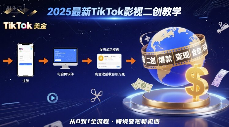 2025年最新TikTok影视二创教学，从注册到发布撸美金全流程，跨境变现新机遇-翻身站