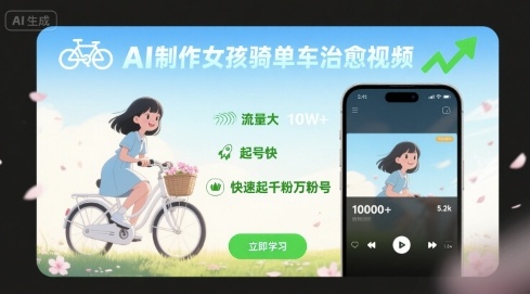 AI制作女孩骑单车治愈视频，流量大，起号快，快速起千粉万粉号-翻身站