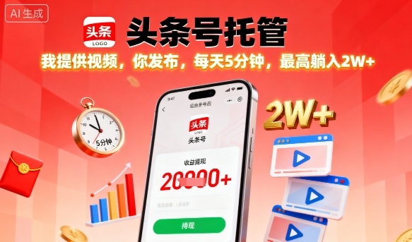 【头条号托管】我提供视频，你发布，每天5分钟，最高躺入2W+【揭秘】-翻身站