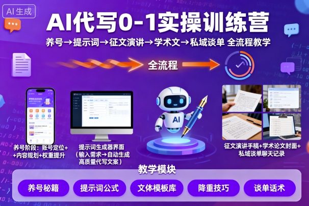 AI代写0-1实操训练营，从养号、提示词、征文演讲、学术文，到私域谈单的全流程教学-翻身站