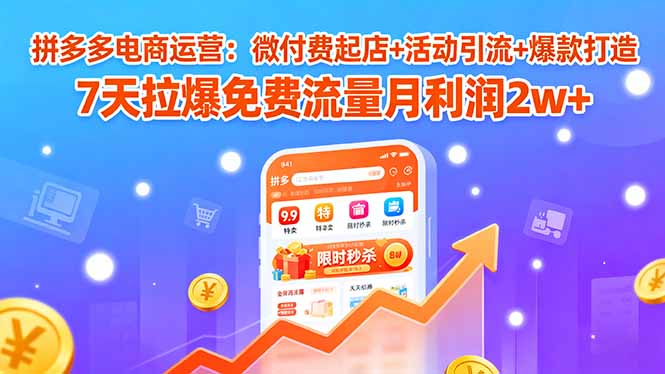 拼多多电商运营：微付费起店+活动引流+爆款打造 7天拉爆免费流量月利润2w+-翻身站