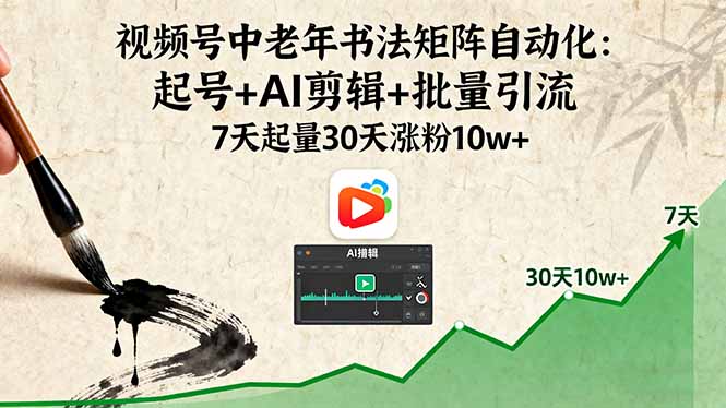 视频号中老年书法矩阵自动化：起号+AI剪辑+批量引流 7天起量30天涨粉10w+-翻身站