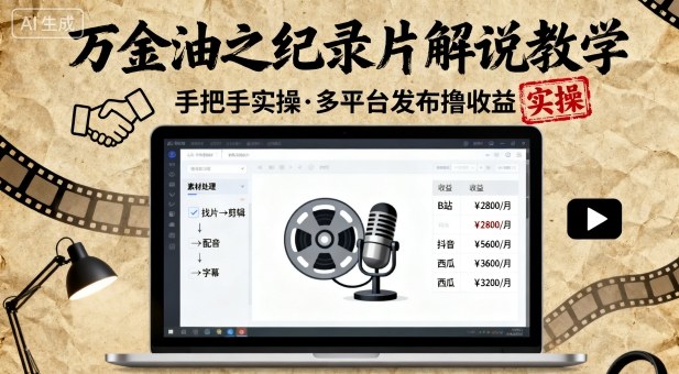 万金油之纪录片解说教学，手把手教你，完全实操，多平台发布撸收益-翻身站