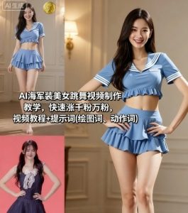 AI海军装美女跳舞视频制作教学，快速涨千粉万粉，视频教程+提示词(绘图词、动作词)-翻身站