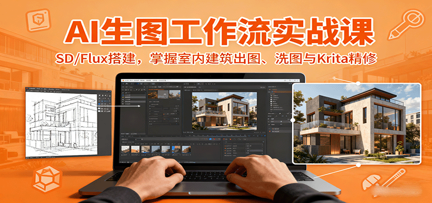 图片[1]-AI生图工作流实战课：SD/Flux搭建，掌握室内建筑出图、洗图与Krita精修-翻身站