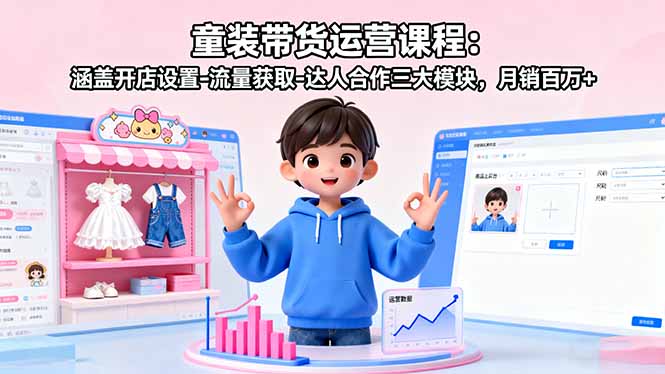 童装带货运营课程：涵盖开店设置-流量获取-达人合作三大模块，月销百万+-翻身站