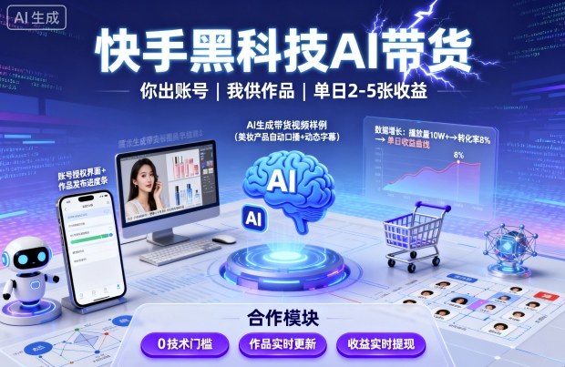 快手黑科技AI带货，你提供账号，我提供作品并发布，单日2-5张【揭秘】-翻身站