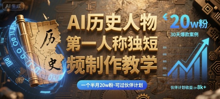 最新AI历史人物第一人称独白短视频制作教学，一个半月20w粉，可过伙伴计划-翻身站