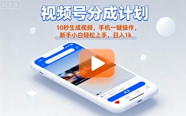 视频号分成计划懒人玩法，10秒生成视频，手机一键操作，新手小白轻松上手，日入1K【揭秘】-翻身站