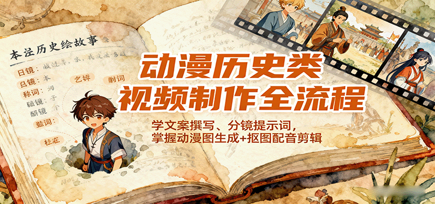 图片[1]-动漫历史类视频制作全流程，学文案撰写、分镜提示词，掌握动漫图生成+抠图配音剪辑-翻身站