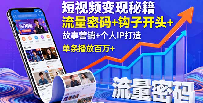 短视频变现秘籍，流量密码+钩子开头+故事营销+个人IP打造，单条播放百万+-翻身站