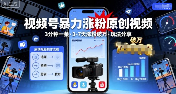 视频号暴力涨粉原创视频，3分钟一条原创视频，3-7天涨粉破万，玩法分享给你-翻身站