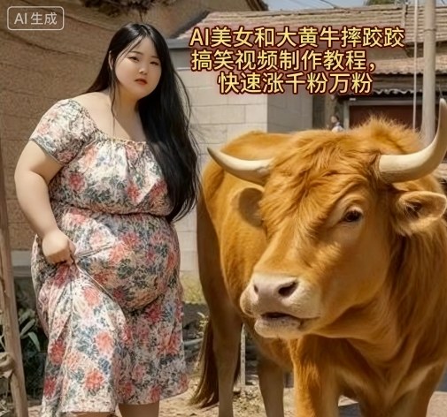 AI美女和大黄牛摔跤搞笑荒诞视频制作教程，快速涨千粉万粉-翻身站