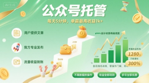 【公众号托管 】我提供文章，你发布，每天5分钟，单篇最高收益1k+【揭秘】-翻身站
