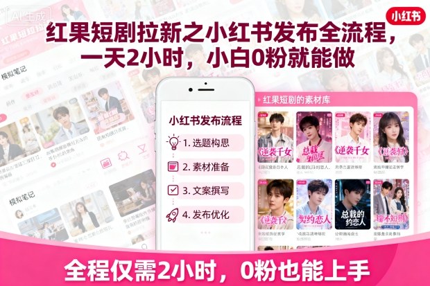 红果短剧拉新之小红书发布全流程，一天2小时，小白0粉就能做-翻身站
