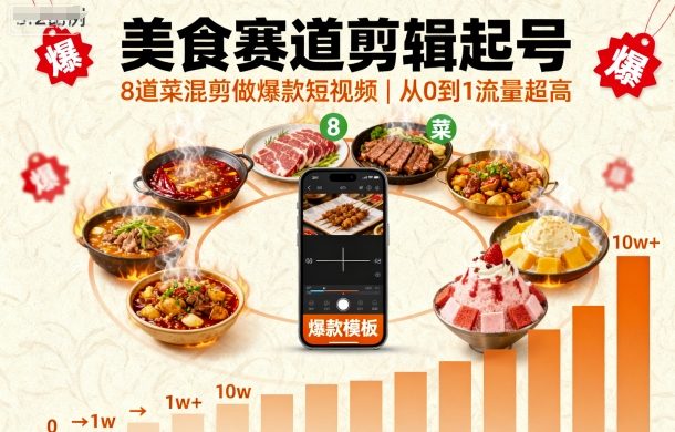 美食赛道剪辑起号，8道菜混剪做爆款短视频，从0到1，流量超高-翻身站